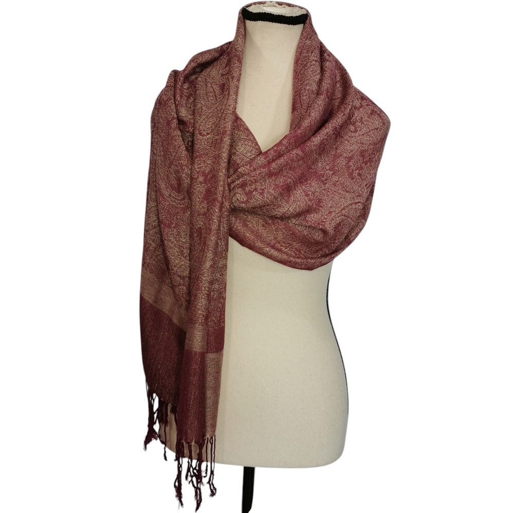 Pashmina Magenta Over Cream Pashmina With Silk Fringed Scarf - Picture 2 of 4